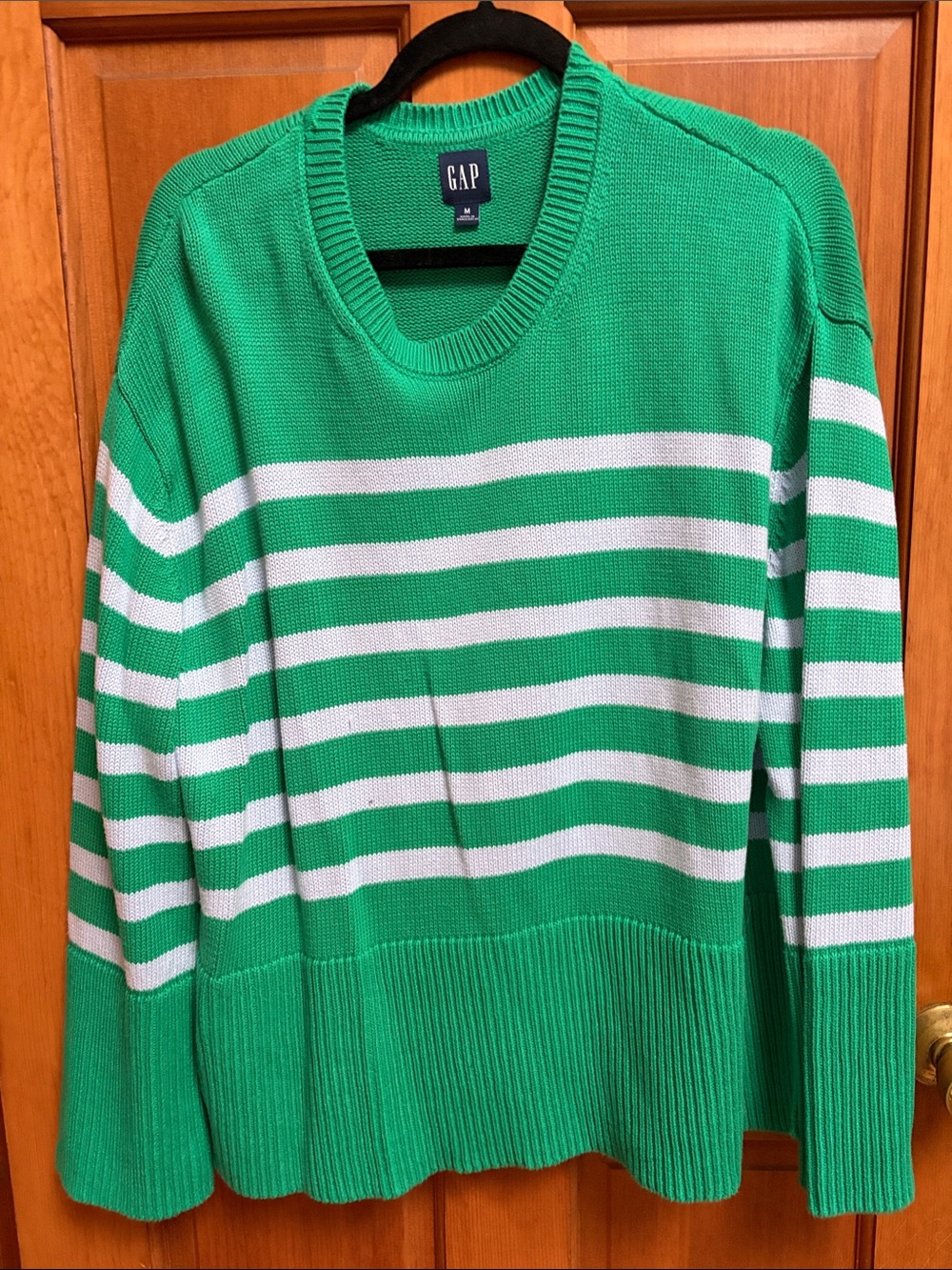 GAP Men's Green and White Striped Crew Sweater